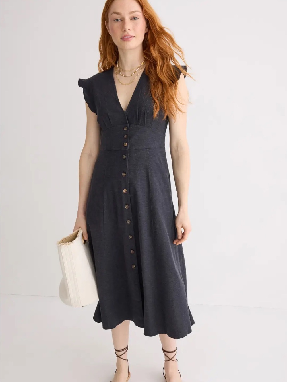 🖤 Marine Layer Camila Midi Dress Women's XS Black Button Front Casual Dress